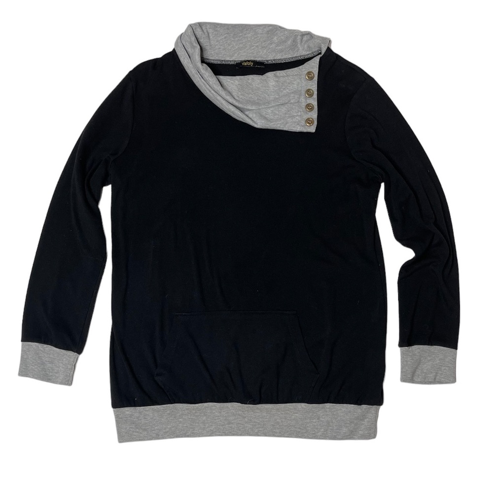 Vafoly Pull-Over Black & Grey Sweater Front Pocket & Grey Collar w Gold hardware